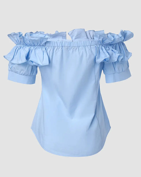 Off the Shoulder Short Sleeve Blouses Asymmetrical Button Ruffles Blouses sky blue