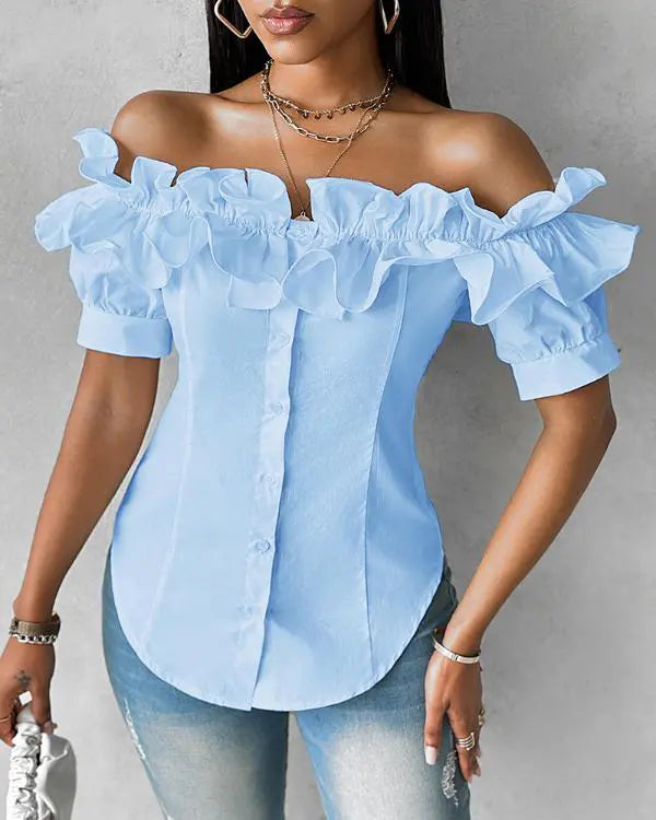 Off the Shoulder Short Sleeve Blouses Asymmetrical Button Ruffles Blouses sky blue