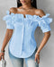 Off the Shoulder Short Sleeve Blouses Asymmetrical Button Ruffles Blouses sky blue