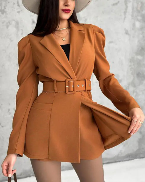 Notched Collar Puff Sleeve 2-in-1 Blazer Romper with Detachable Belt khaki