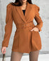 Notched Collar Puff Sleeve 2-in-1 Blazer Romper with Detachable Belt khaki