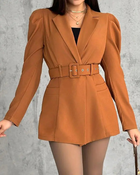 Notched Collar Puff Sleeve 2-in-1 Blazer Romper with Detachable Belt khaki