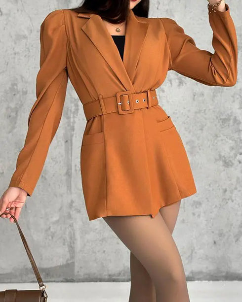 Notched Collar Puff Sleeve 2-in-1 Blazer Romper with Detachable Belt khaki