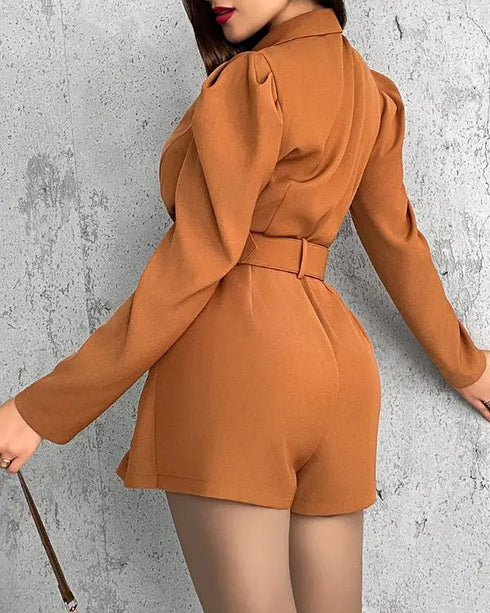 Notched Collar Puff Sleeve 2-in-1 Blazer Romper with Detachable Belt khaki