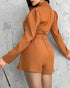 Notched Collar Puff Sleeve 2-in-1 Blazer Romper with Detachable Belt khaki