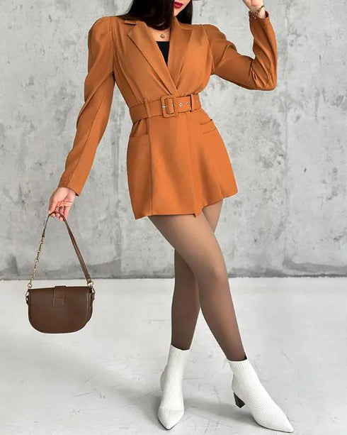Notched Collar Puff Sleeve 2-in-1 Blazer Romper with Detachable Belt khaki