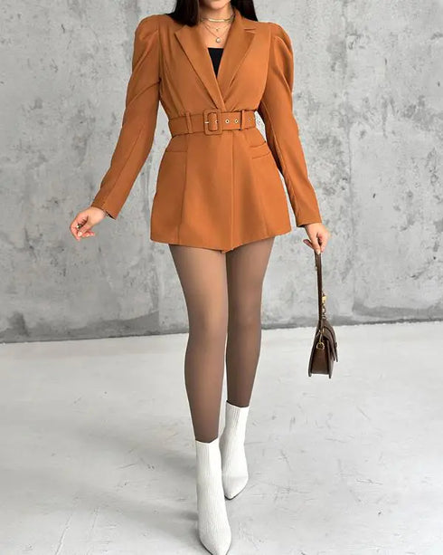 Notched Collar Puff Sleeve 2-in-1 Blazer Romper with Detachable Belt khaki