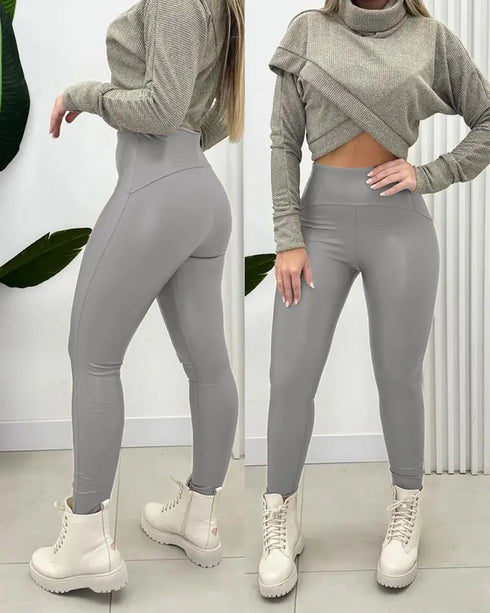 ChicMe CurveEase PU Leather Leggings High Waist Curved Fleece Lined Tights Casual Pants Dark grey