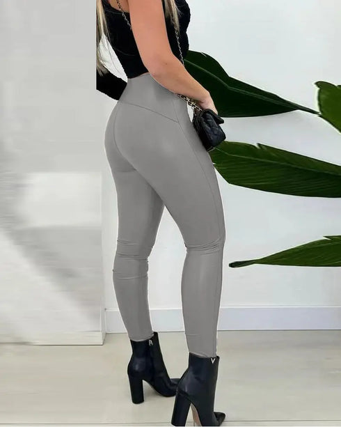 ChicMe CurveEase PU Leather Leggings High Waist Curved Fleece Lined Tights Casual Pants Dark grey