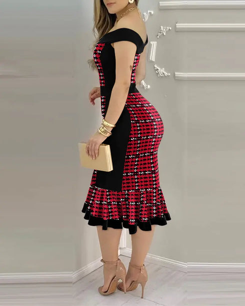Houndstooth Print Off Shoulder Bodycon Dress Ruffle Hem Vintage Mid-length Dress red