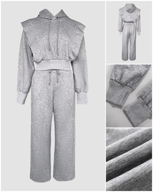 2 Pieces Outfit Rhinestone Graphic & Letter Pattern 3D Design Crop Drawstring Hoodie Sweatshirt and Casual Drawstring Elastic Waist Wide Leg Sweatpants Set gray