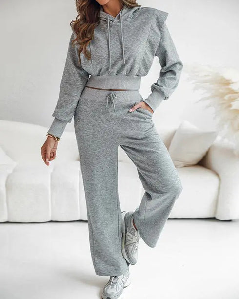 2 Pieces Outfit 3D Design Crop Drawstring Hoodie Top and Drawstring Elastic Waist Wide Leg Sweatpants Set Casual Rhinestone Letter Pattern Sweatshirt Set gray