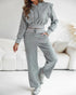 2 Pieces Outfit 3D Design Crop Drawstring Hoodie Top and Drawstring Elastic Waist Wide Leg Sweatpants Set Casual Rhinestone Letter Pattern Sweatshirt Set gray