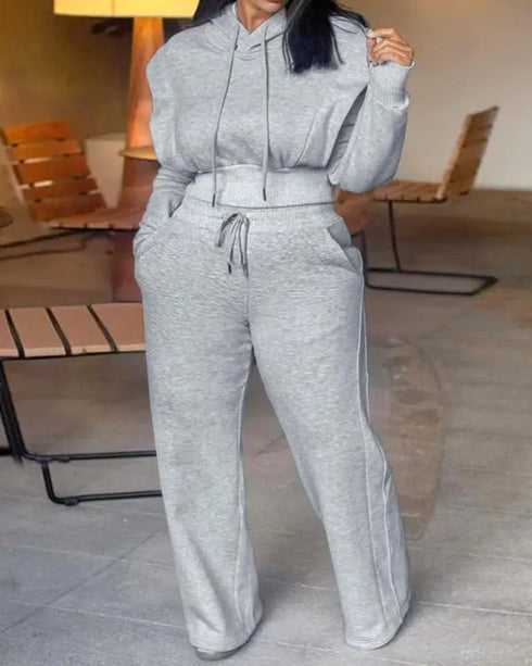 2 Pieces Outfit Rhinestone Graphic & Letter Pattern 3D Design Crop Drawstring Hoodie Sweatshirt and Casual Drawstring Elastic Waist Wide Leg Sweatpants Set gray
