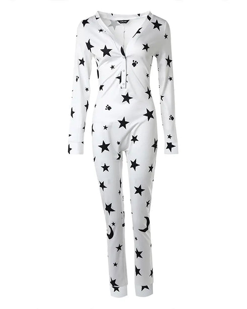 Christmas V-Neck Long Sleeve Functional Buttoned Flap Adults Pajamas One Piece white