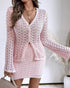 2 Pieces Outfit Deep V-Neck Flare Sleeve Half Pearl Button Front Slit Top and Elastic Waist Skirt Set Casual Slim Fit Knit Set light pink