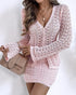 2 Pieces Outfit Deep V-Neck Flare Sleeve Half Pearl Button Front Slit Top and Elastic Waist Skirt Set Casual Slim Fit Knit Set light pink