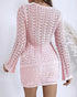 2 Pieces Outfit Deep V-Neck Flare Sleeve Half Pearl Button Front Slit Top and Elastic Waist Skirt Set Casual Slim Fit Knit Set light pink