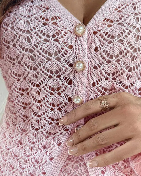 2 Pieces Outfit Deep V-Neck Flare Sleeve Half Pearl Button Front Slit Top and Elastic Waist Skirt Set Casual Slim Fit Knit Set light pink