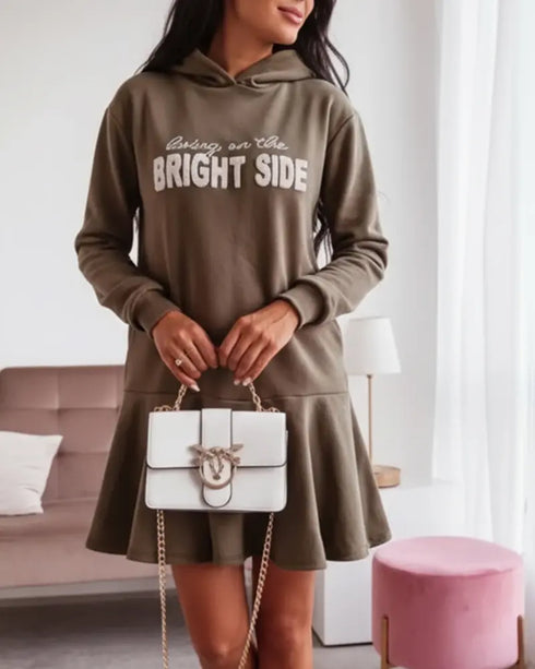 Letter Pattern Long Sleeve Ruffle Hem Dress Pocket Design Casual Hoodie Dress khaki