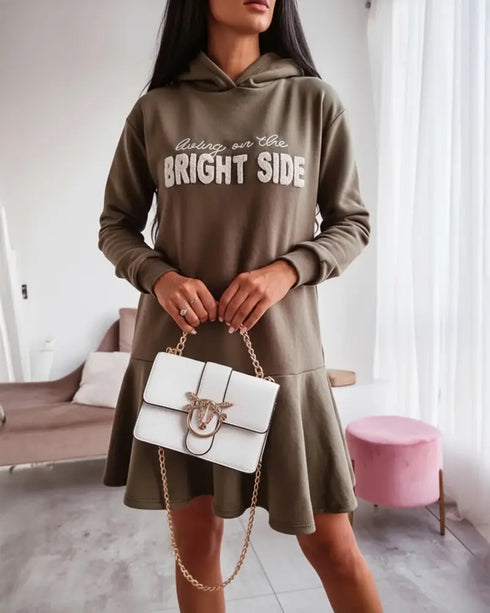 Letter Pattern Long Sleeve Ruffle Hem Dress Pocket Design Casual Hoodie Dress khaki