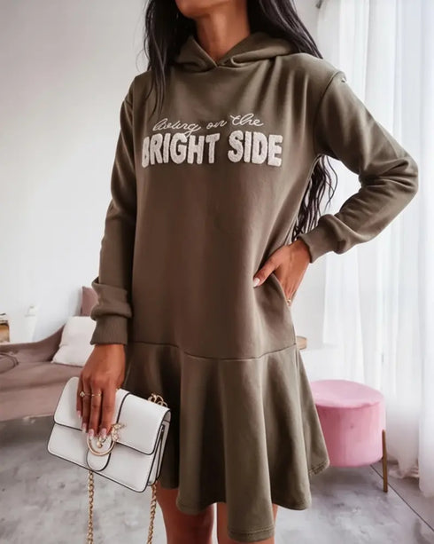Letter Pattern Long Sleeve Ruffle Hem Dress Pocket Design Casual Hoodie Dress khaki