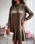 Letter Pattern Long Sleeve Ruffle Hem Dress Pocket Design Casual Hoodie Dress khaki