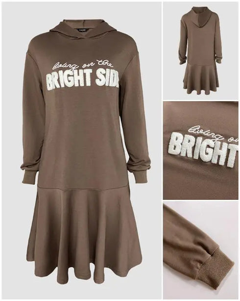 Letter Pattern Long Sleeve Ruffle Hem Dress Pocket Design Casual Hoodie Dress khaki