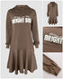 Letter Pattern Long Sleeve Ruffle Hem Dress Pocket Design Casual Hoodie Dress khaki