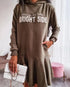 Letter Pattern Long Sleeve Ruffle Hem Dress Pocket Design Casual Hoodie Dress khaki