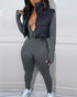 Stand Collar Long Sleeve Zipper Front Skinny Jumpsuit with Thumb Hole Cuffs gray
