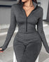 Stand Collar Long Sleeve Zipper Front Skinny Jumpsuit with Thumb Hole Cuffs gray