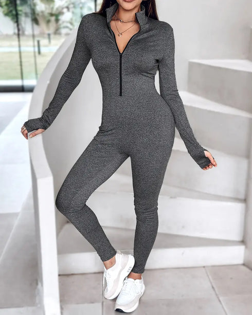Stand Collar Long Sleeve Zipper Front Skinny Jumpsuit with Thumb Hole Cuffs gray