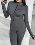 Stand Collar Long Sleeve Zipper Front Skinny Jumpsuit with Thumb Hole Cuffs gray