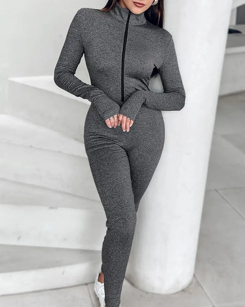 Stand Collar Long Sleeve Zipper Front Skinny Jumpsuit with Thumb Hole Cuffs gray