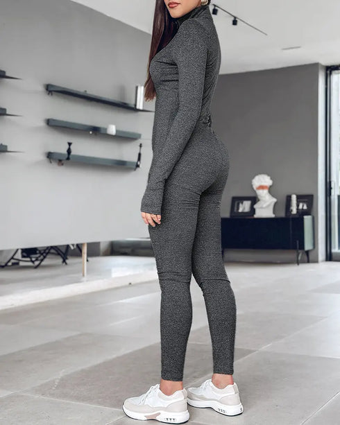 Stand Collar Long Sleeve Zipper Front Skinny Jumpsuit with Thumb Hole Cuffs gray