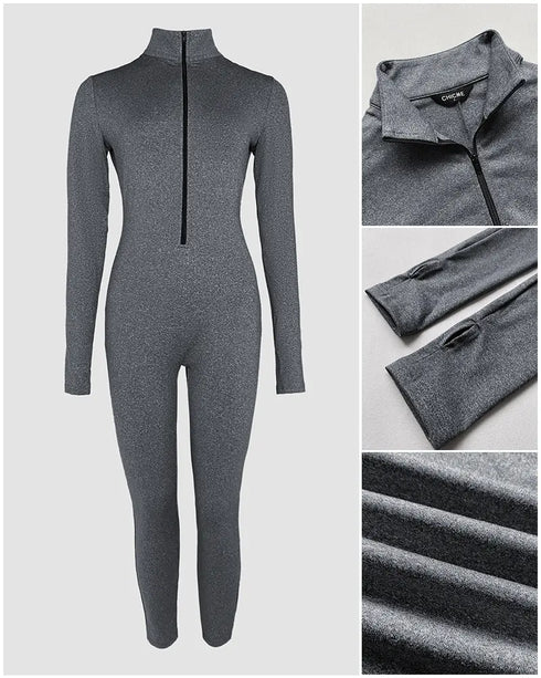Stand Collar Long Sleeve Zipper Front Skinny Jumpsuit with Thumb Hole Cuffs gray