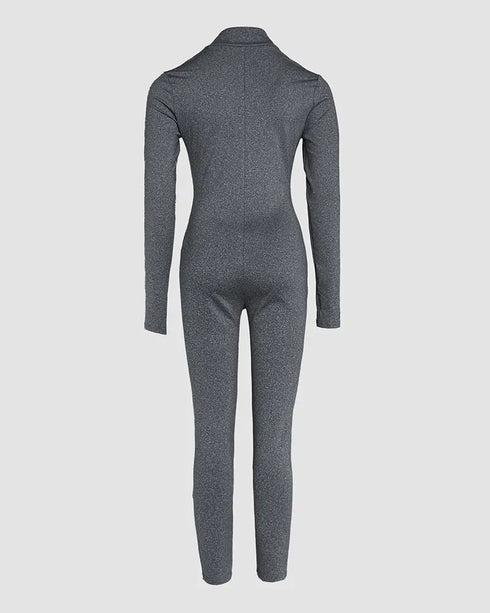 Stand Collar Long Sleeve Zipper Front Skinny Jumpsuit with Thumb Hole Cuffs gray