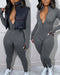 Stand Collar Long Sleeve Zipper Front Skinny Jumpsuit with Thumb Hole Cuffs gray