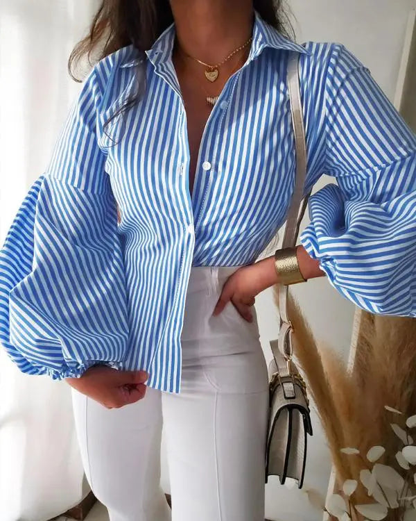Striped Print Turn-Down Collar Lantern Sleeve Slim Fit Blouse Front Button Casual Top Lighted Blue