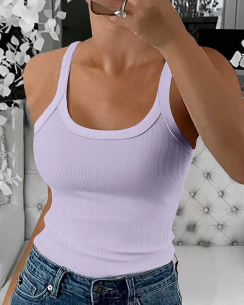 Scoop Neck Spaghetti Strap Ribbed Top Casual Sleeveless Slim Fit Tank light purple