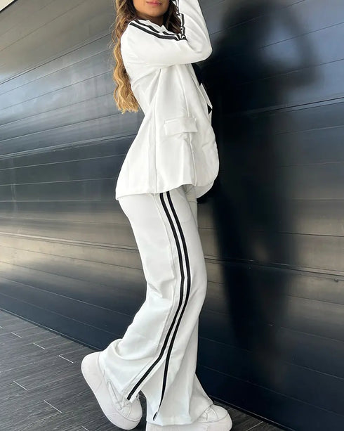 2 Piece Contrast Paneled Notched Collar Long Sleeve Coat Slit Straight Pants Work Pants Set white