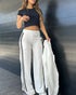 2 Piece Contrast Paneled Notched Collar Long Sleeve Coat Slit Straight Pants Work Pants Set white