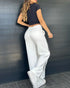 2 Piece Contrast Paneled Notched Collar Long Sleeve Coat Slit Straight Pants Work Pants Set white