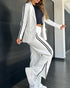 2 Piece Contrast Paneled Notched Collar Long Sleeve Coat Slit Straight Pants Work Pants Set white