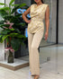 2 Pieces Outfit Gold Leopard Print Sleeveless Waist Top and Casual Slim Fit Pants Set Apricot