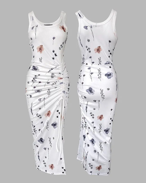 Floral Print U-Neck Thick Strap Drawstring Slit Vacation Dress Casual Ruched Slim Fit Tank Dress white