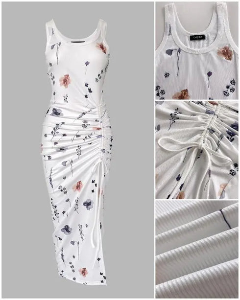 Floral Print U-Neck Thick Strap Drawstring Slit Vacation Dress Casual Ruched Slim Fit Tank Dress white