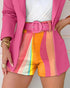 Long Sleeve Blazer & Rainbow Colorblock Shorts Set With Belt Multicolor