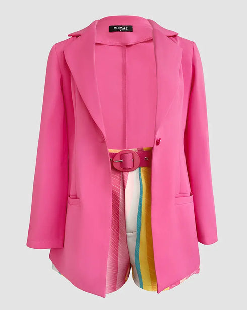 2 Pieces Outfits Notched Collar Long Sleeve Blazer Coat and Floral Print Zipper Fly Shorts Set With Belt Multicolor